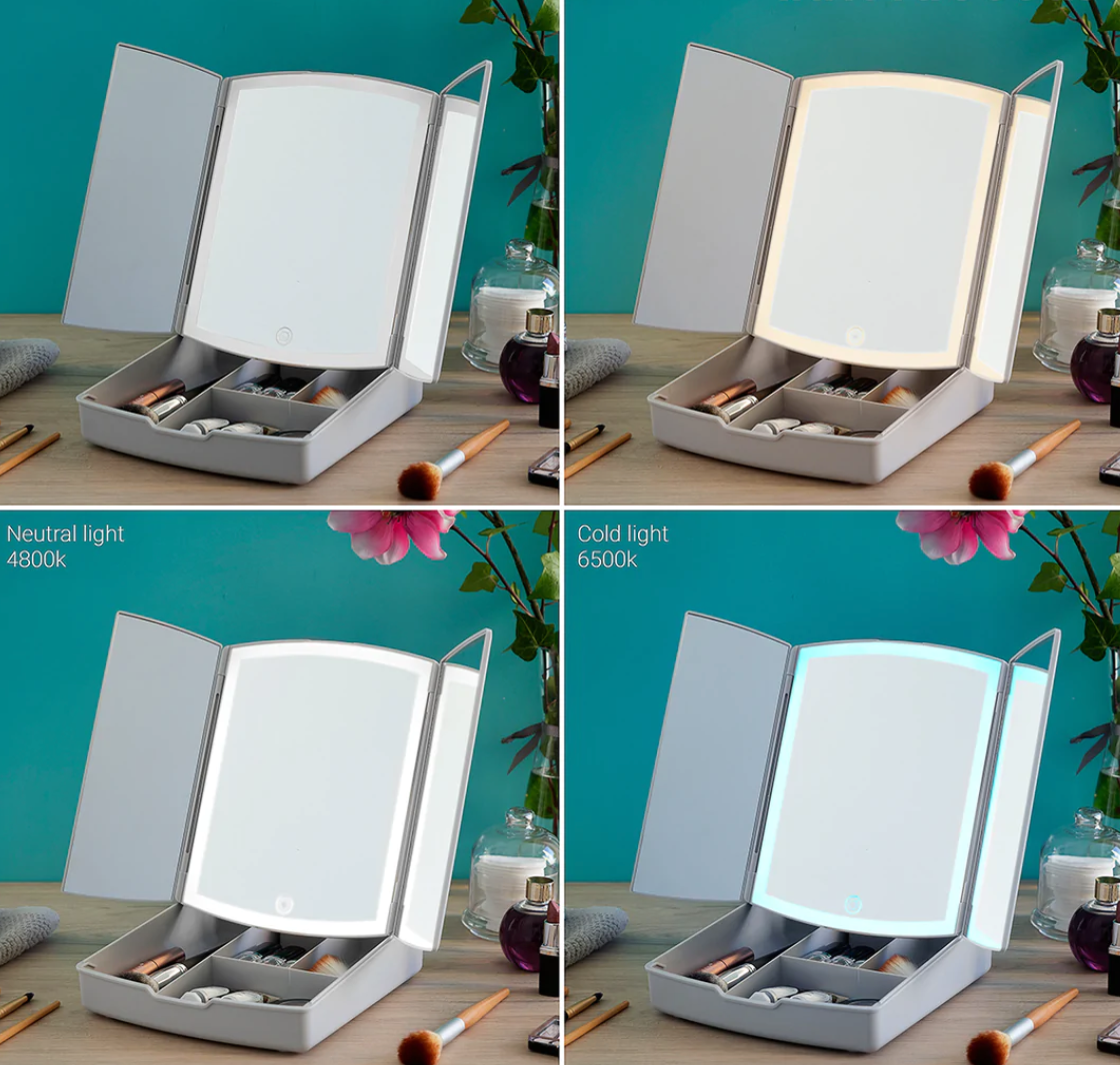 Espejo LED Plegable con Organizador de Maquillaje 3 en 1 - Gothan Gold